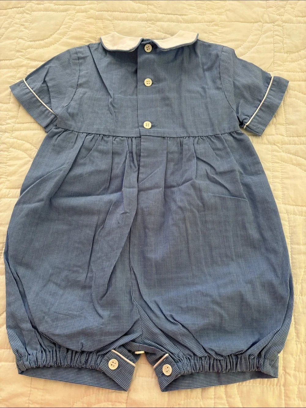 Adorable Smocked Snowman Shortall - Light Blue with White Trim 6 months